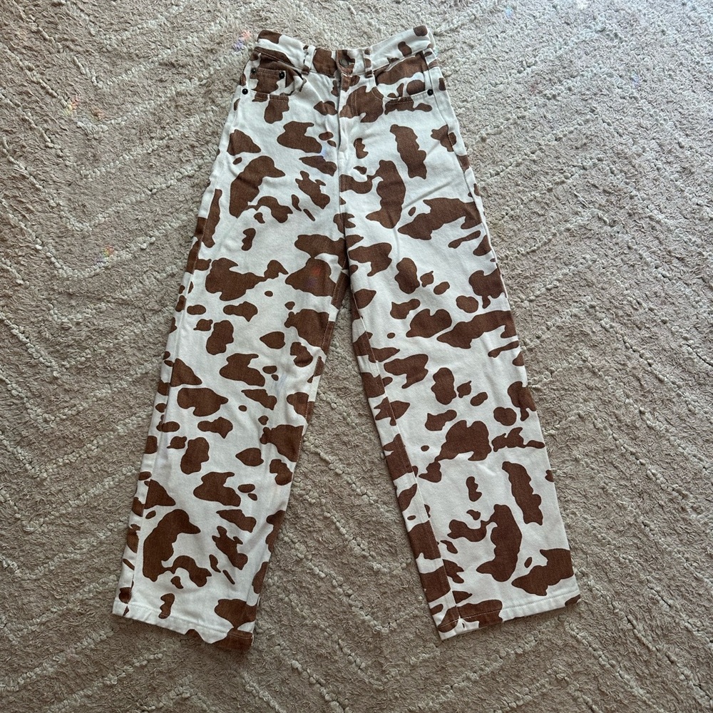 SHEKOU Brown and Cream Cow Print Jeans